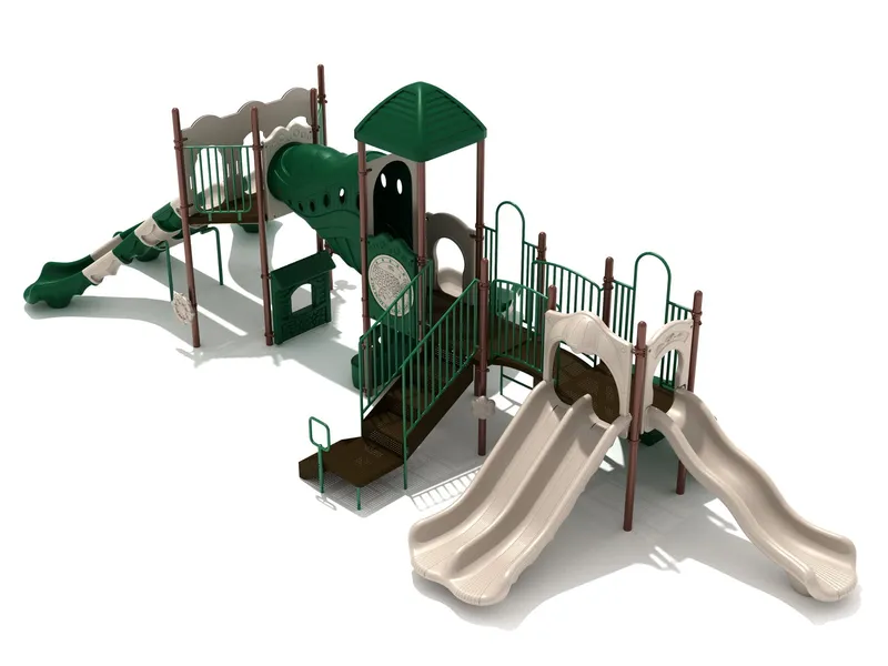 Misty Moor KP216 commercial playground in the Neutral color option — side view showing slides and climbers