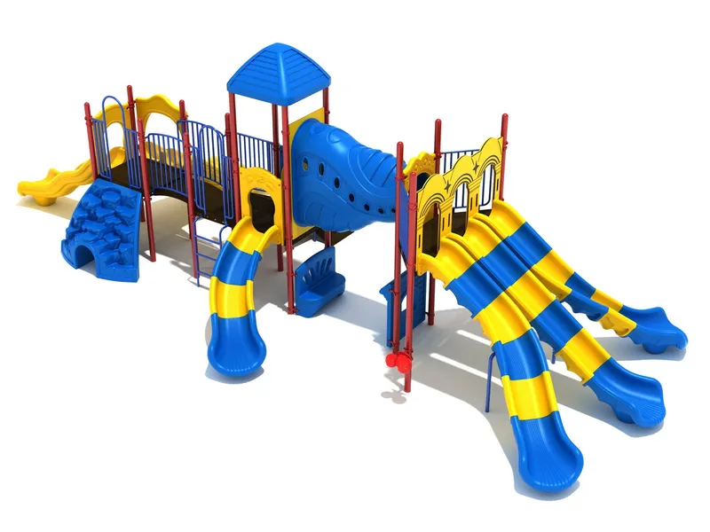 Misty Moor KP216 commercial playground in the Primary color option — bold blue and yellow, front view