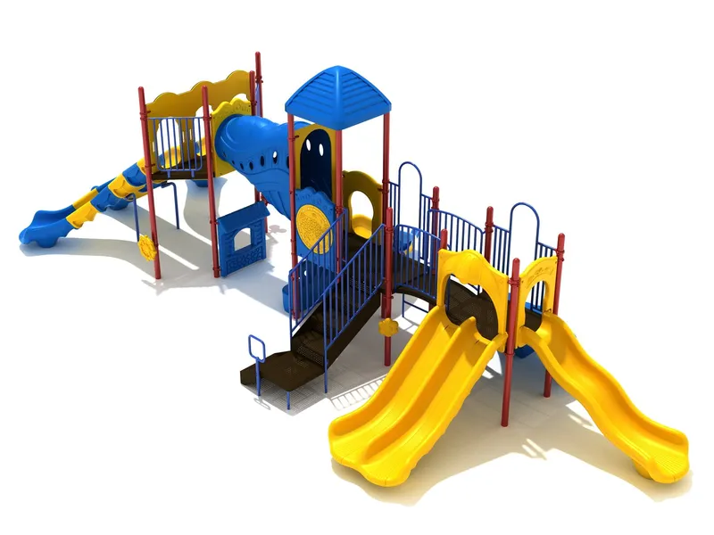 Misty Moor KP216 commercial playground in the Primary color option — side view showing slides and climbers