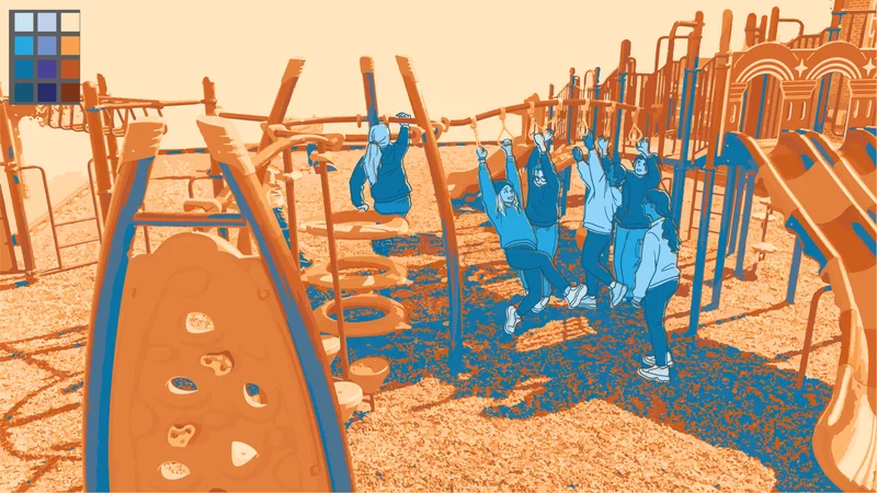 Illustration of children playing on playground climbing equipment