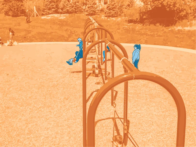 Illustration of children using a playground swing set