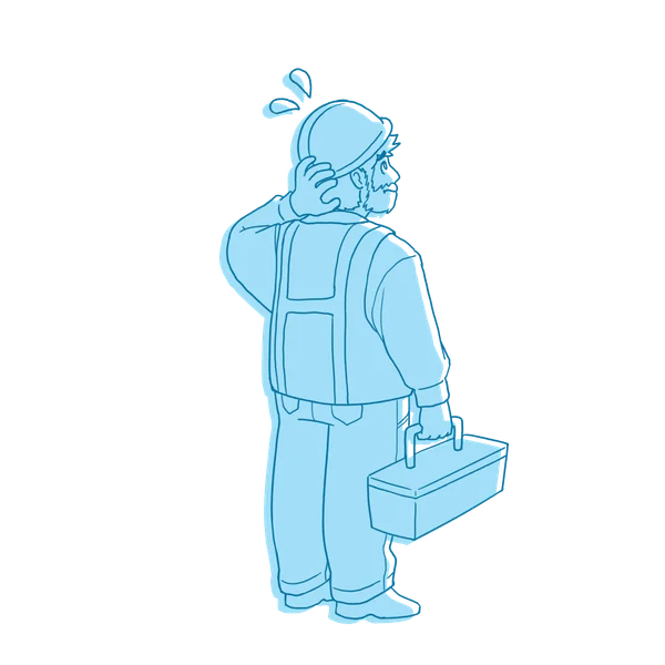 Illustration of a maintenance worker with a toolbox scratching his head while looking up