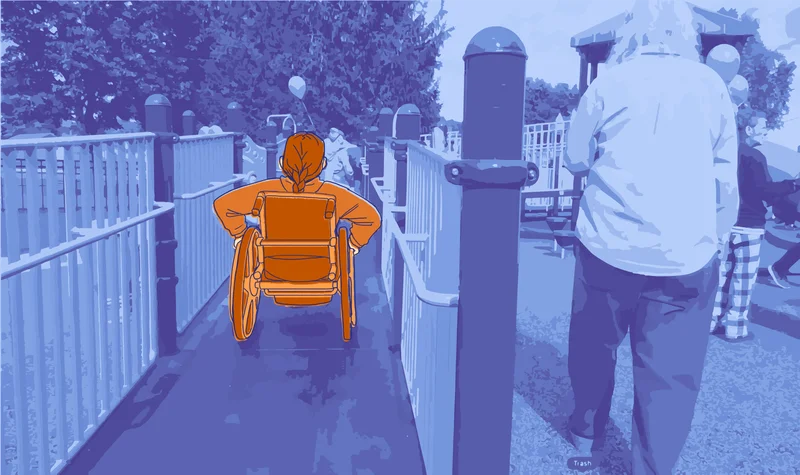 Illustration of a child in a wheelchair heading up an accessible playground ramp