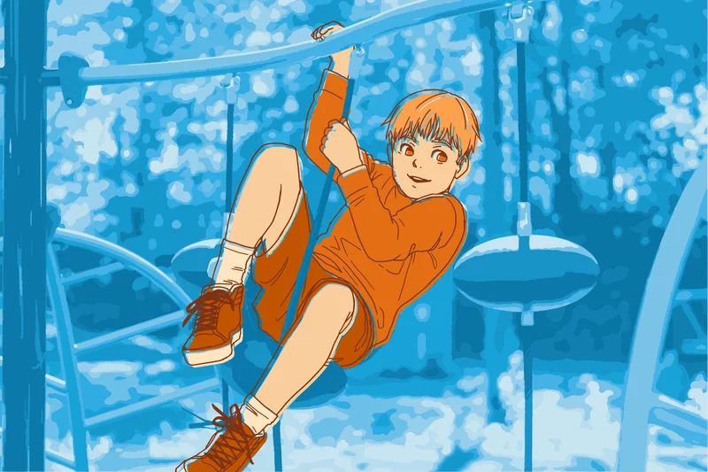 Illustration of a child sitting high on playground climbing equipment