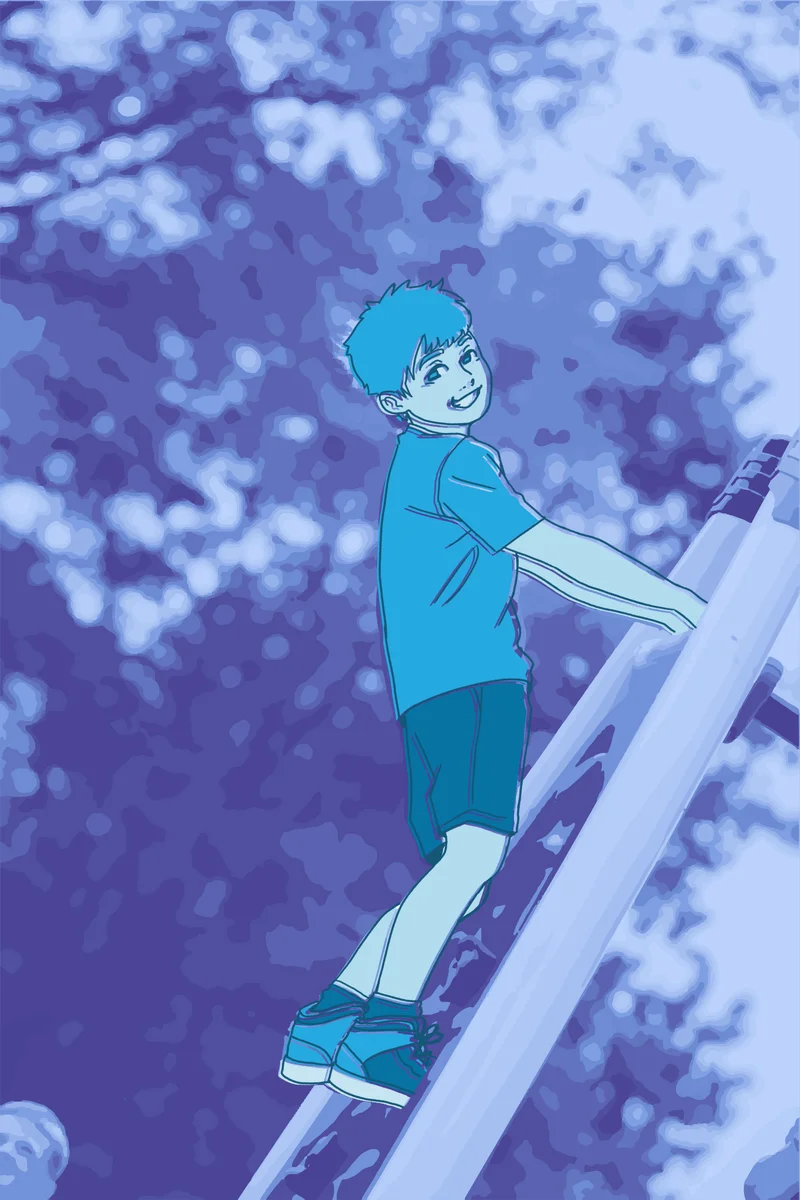 Illustration of a child climbing on the outside of a tall playground structure