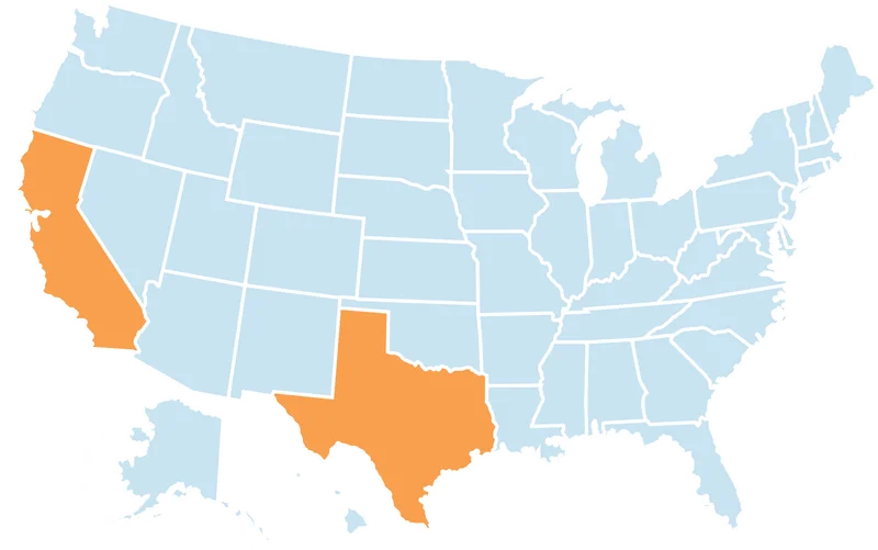 Map of the United States highlighting Texas and California