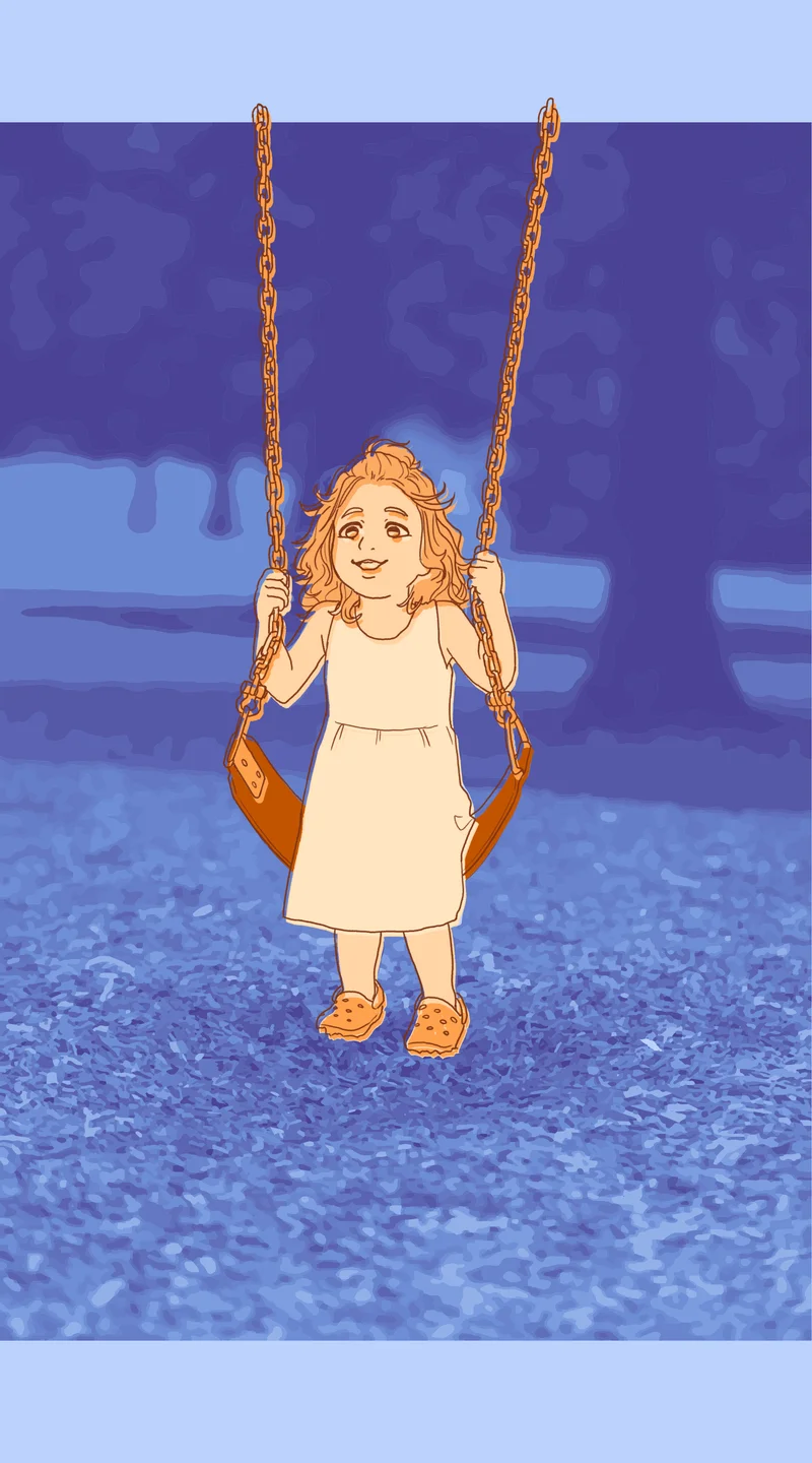 Illustration of a young girl standing at a belt swing on a kid-scaled playground