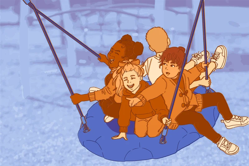 Illustration of four children laughing together on a supported basket swing