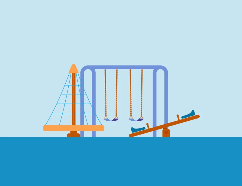 Illustration of a playground with swings, a climbing net, and a seesaw