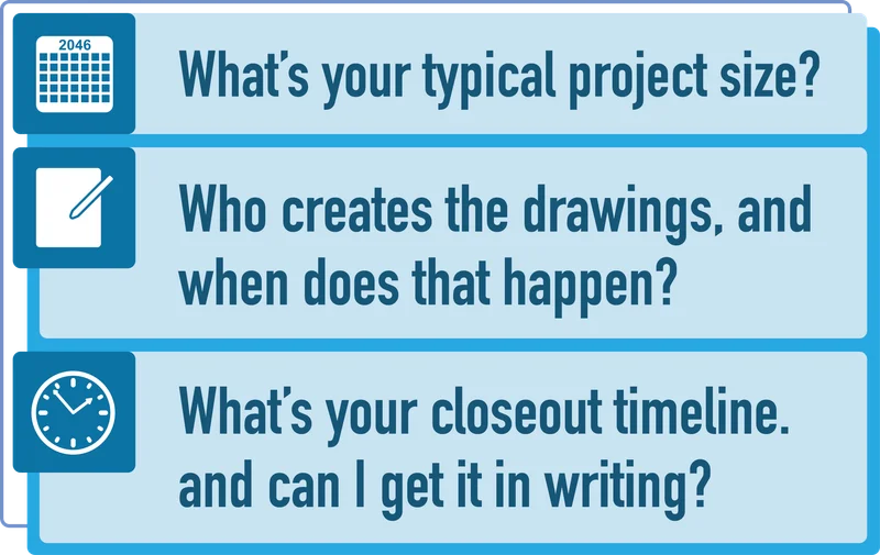 Three buyer questions about project size, drawings, and closeout timeline; transcribed below