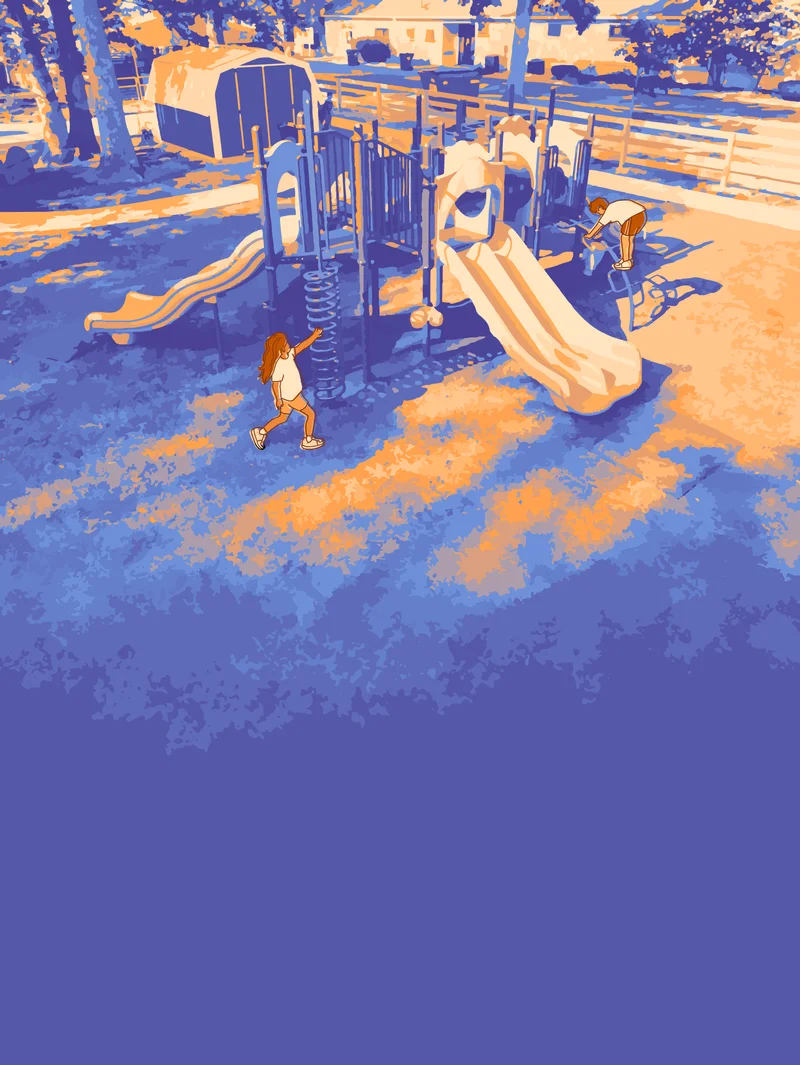 Illustrated playground with slides, a spring climber, and people inspecting the equipment