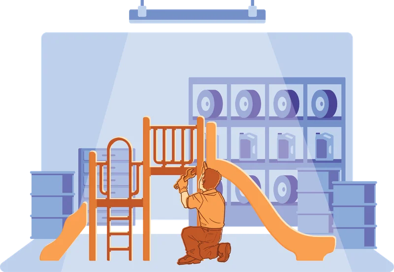 Illustration of a mechanic repairing a playground in an auto service garage