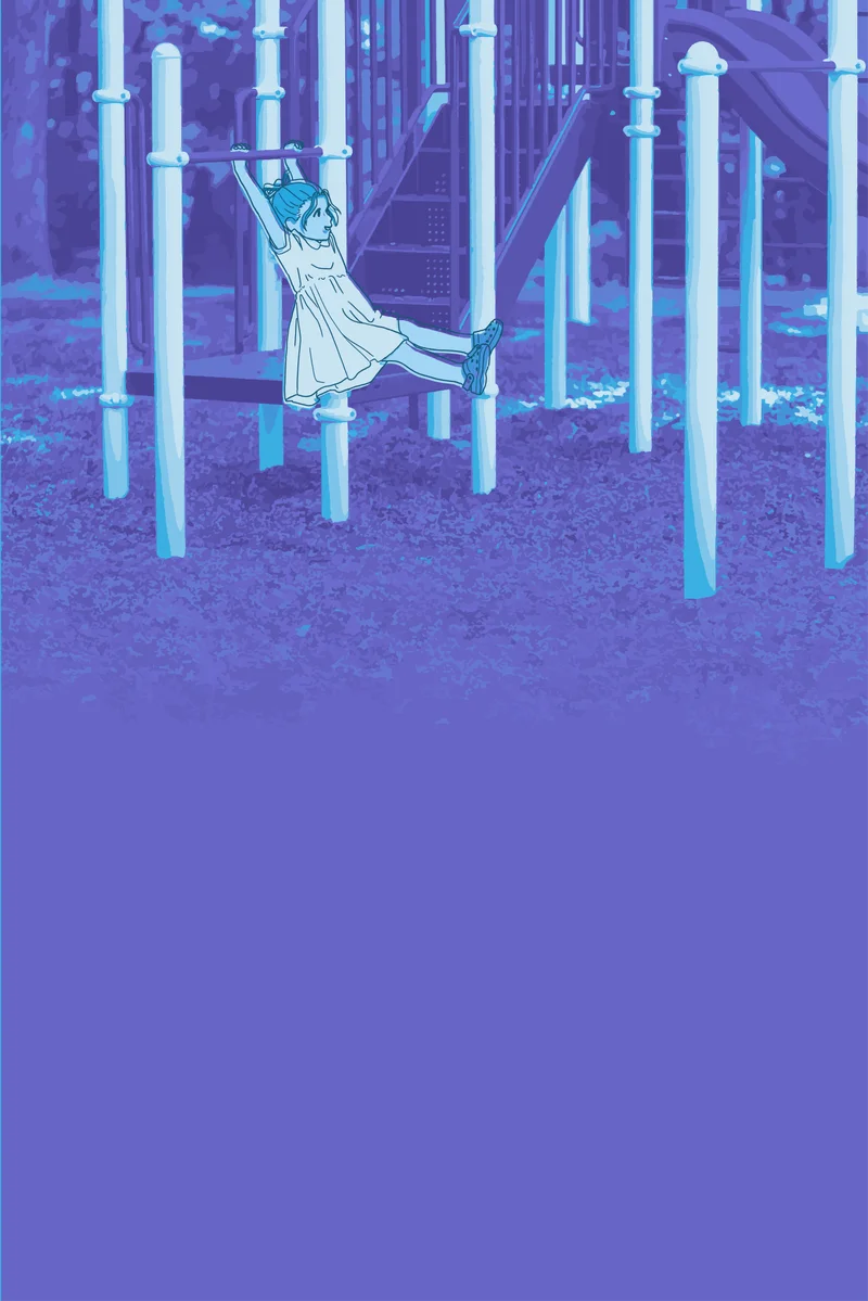 Illustration of a child hanging from playground bars