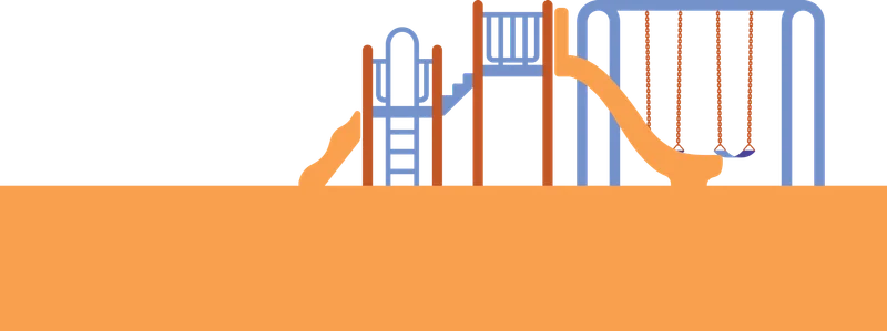 Illustration of a playground slide, climbing structure, and swings